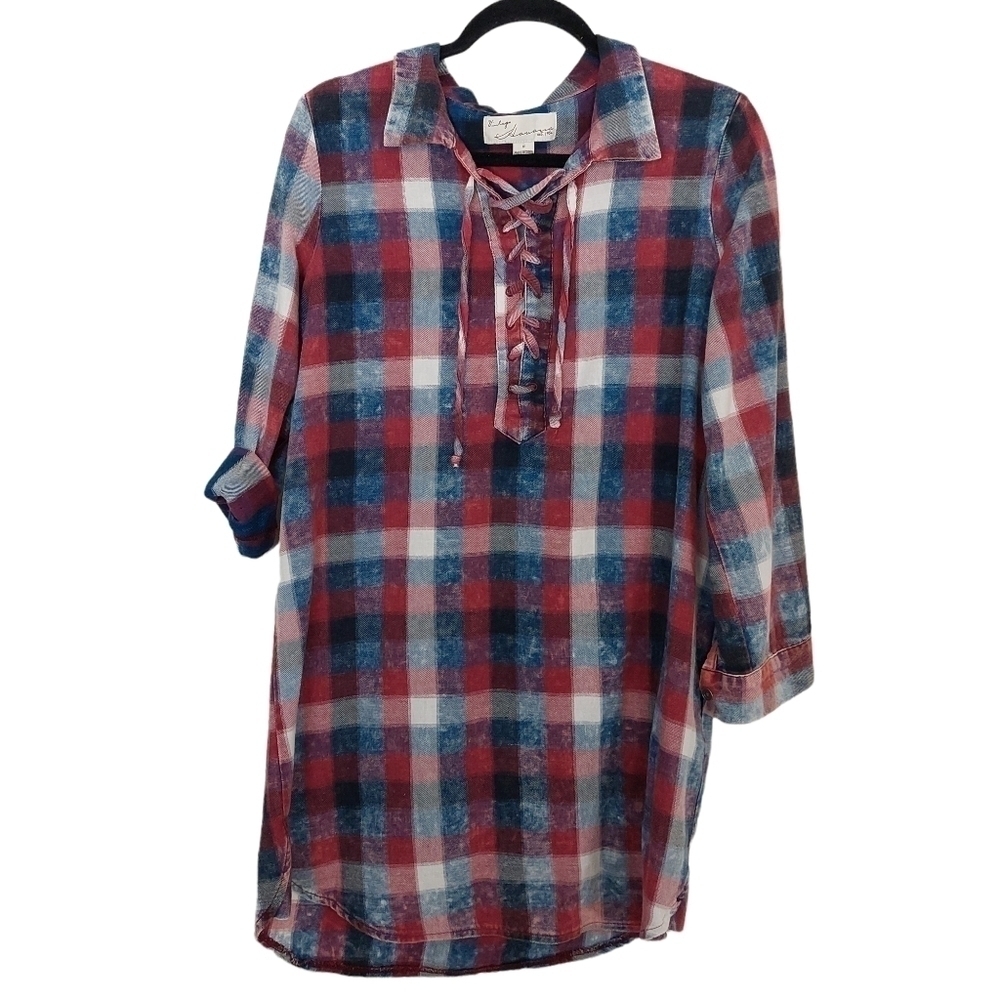Vintage Havana Womens Long Sleeve Red Blue Plaid Drawstring Tie Shirt Dress Sz S